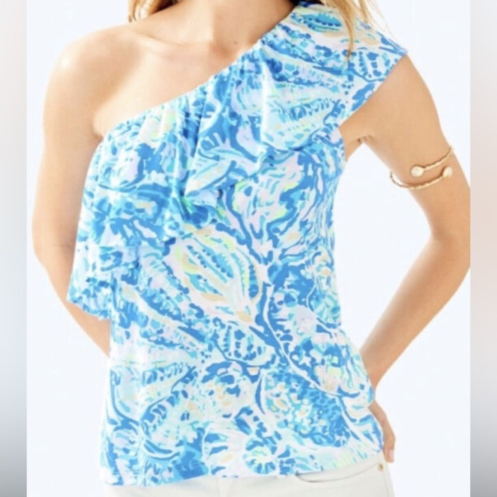 Lilly Pulitzer Matteo One Shoulder Ruffle Top Bennet Blue Salty Seas Size L NWT